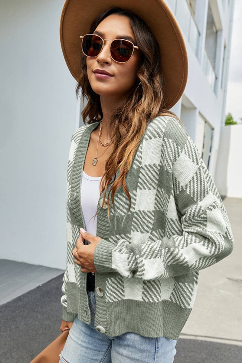 CWOCAL0790_V-NECK CASUAL PLAID KNITTED CARDIGAN