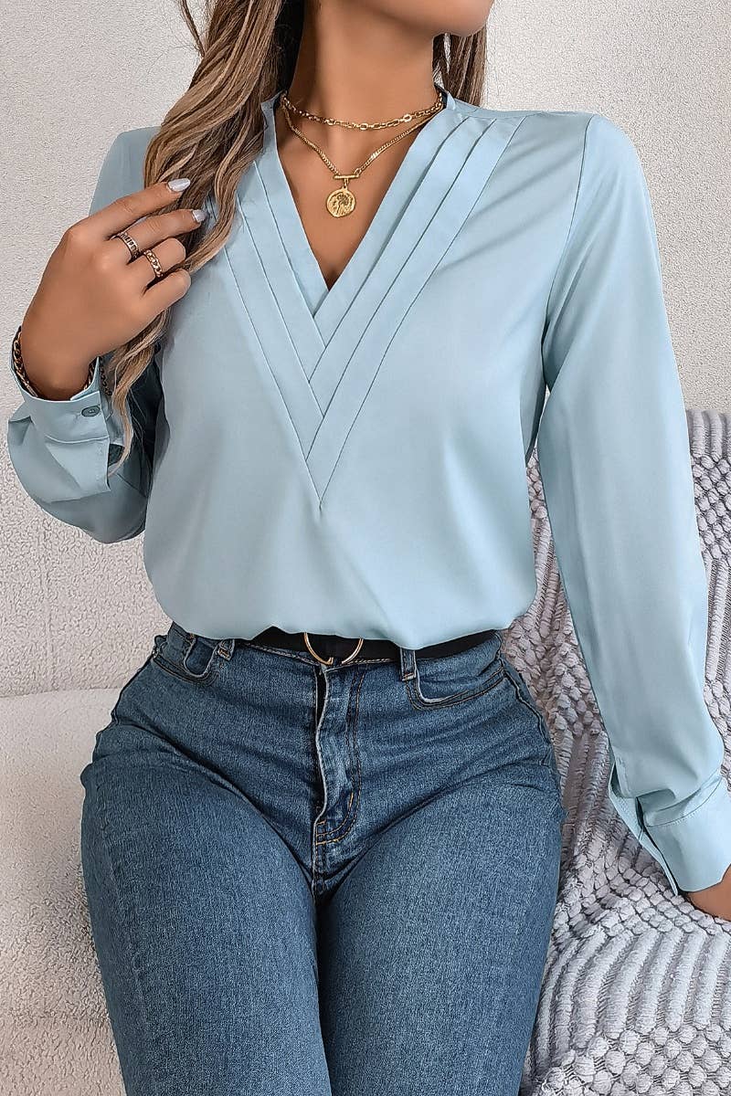 CWTBLL2646_AUTUMN SOLID COLOR V-NECK LONG SLEEVE SHIRT TOP