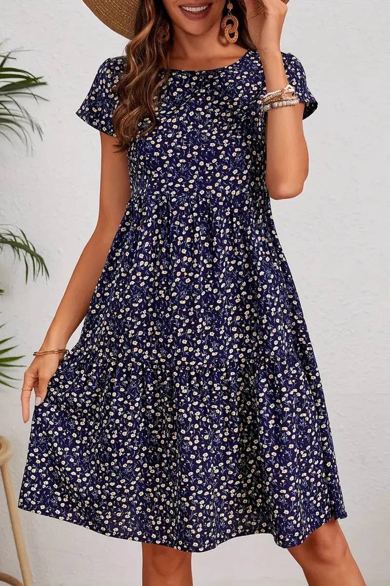 CWDMD6116_PRINTED ROUND NECK SHORT SLEEVE DRESS