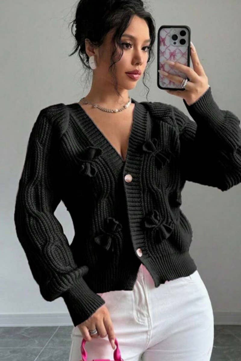CWOCAL00687_SOLID LONG SLEEVE BOW KNIT CARDIGAN