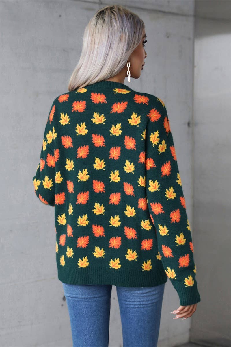 CWOSWL5757_MAPLE LEAF CHRISTMAS CREW NECK SWEATER