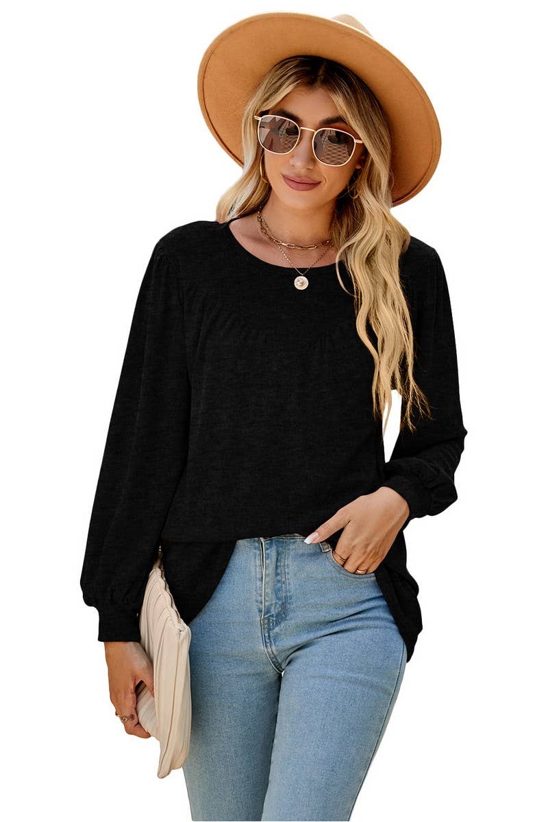 CWTBLL3690_LOOSE CREW NECK CASUAL PLEATED TOP