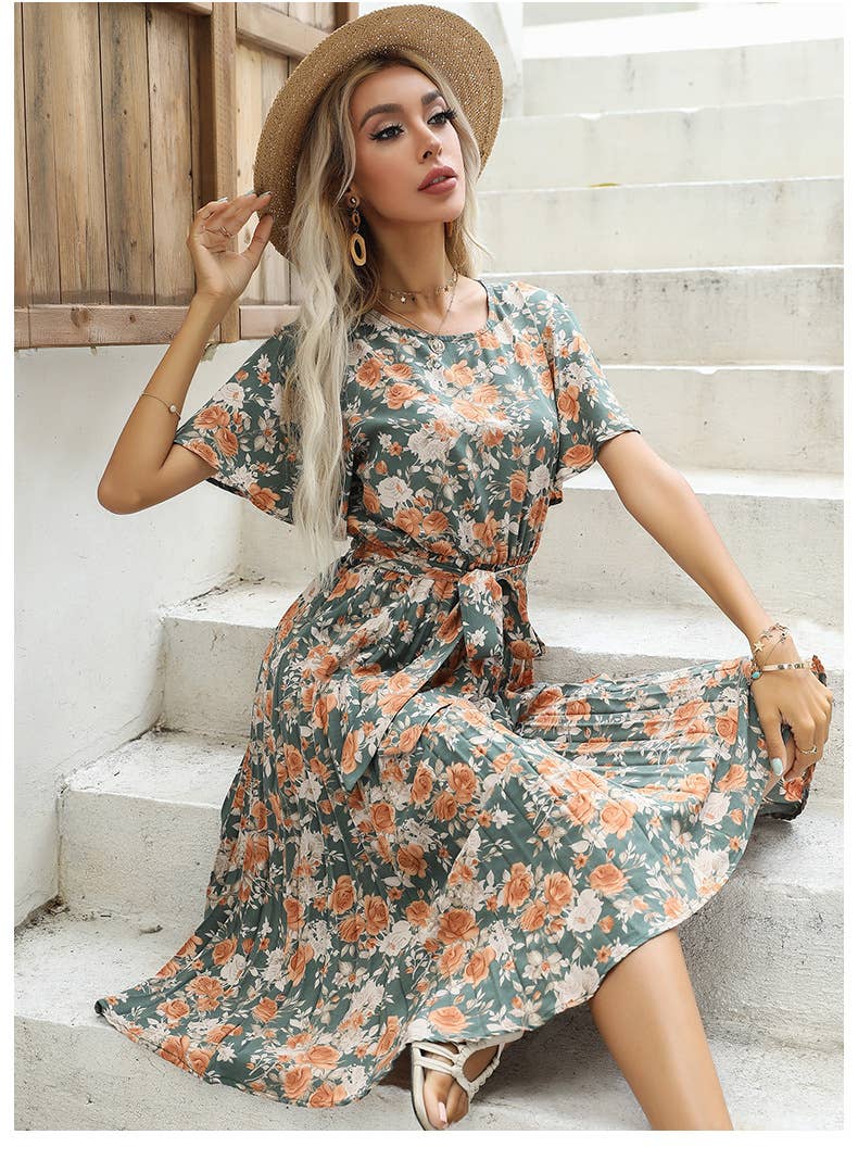 Crew-neck lace-up pleated print dress