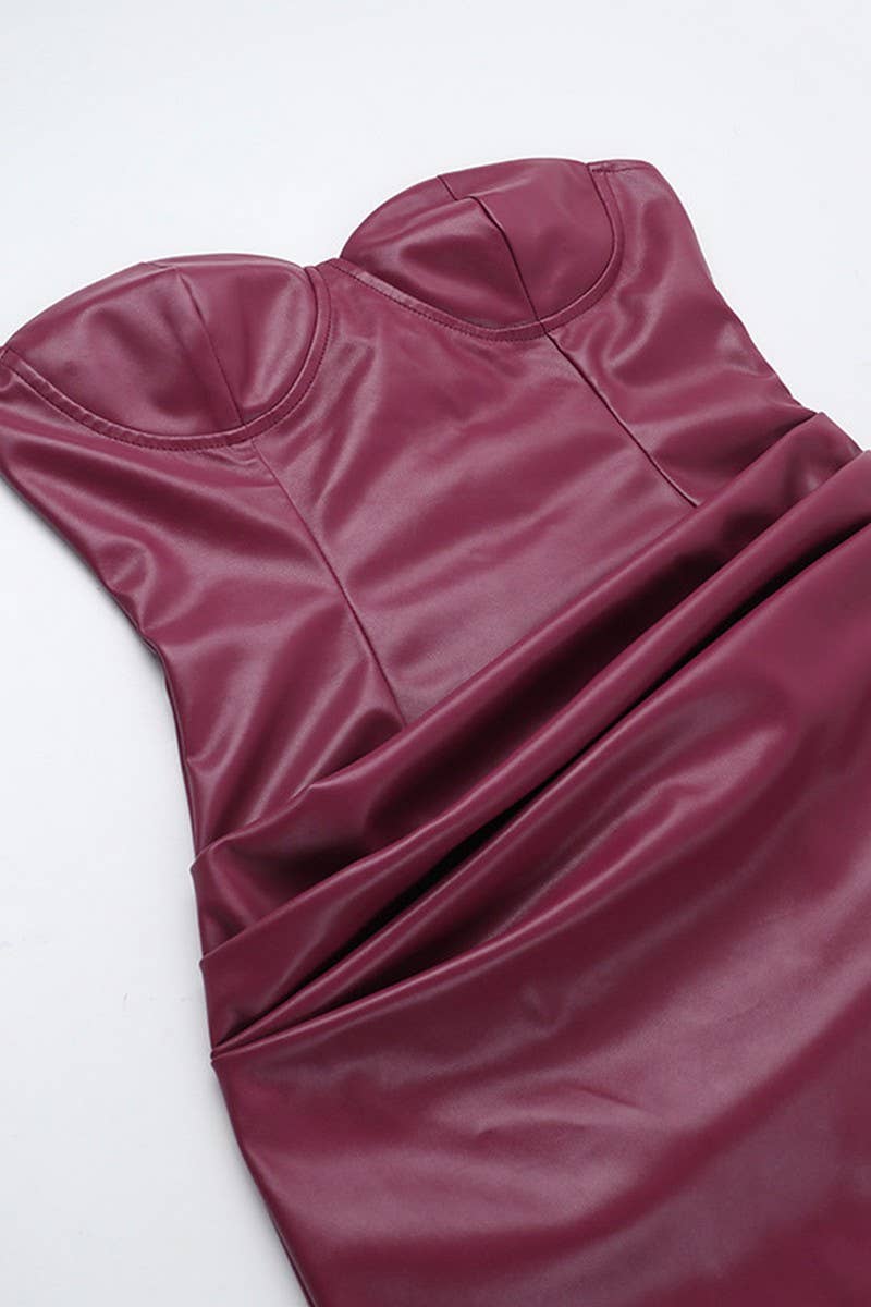CWDTD0437_BACKLESS LEATHER STRAPLESS BODYCON DRESS