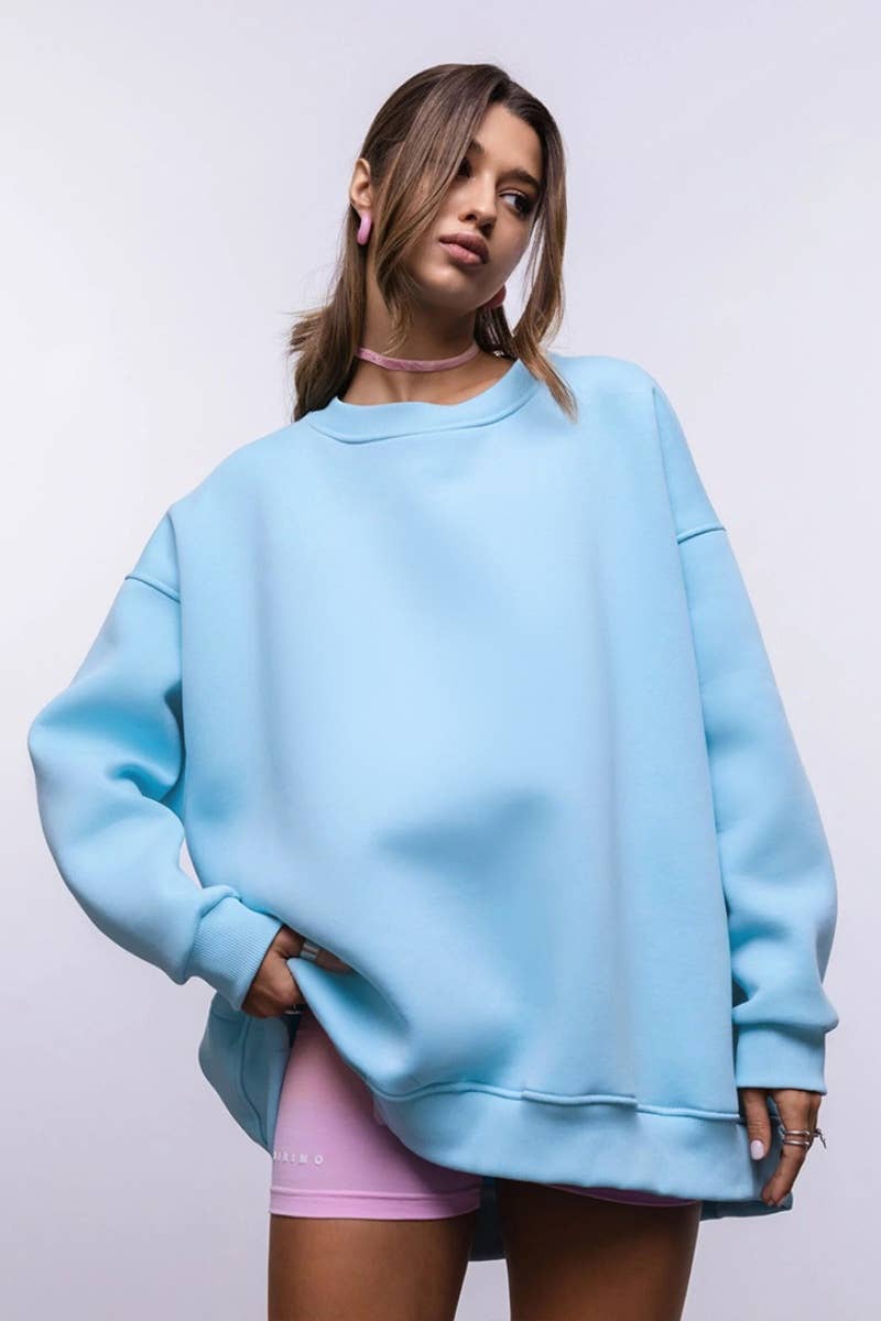 CWTBLL1669_SOLID COLOR BAGGY LONG-SLEEVED CREW-NECK TOP