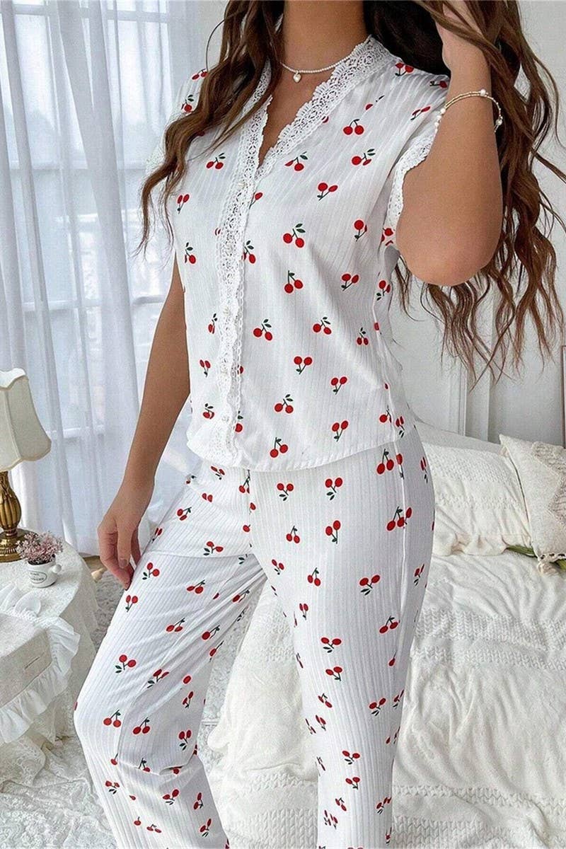 CWSPJ00468_CHERRY PRINT LACE TRIM SHORT SLEEVE PAJAMA SET