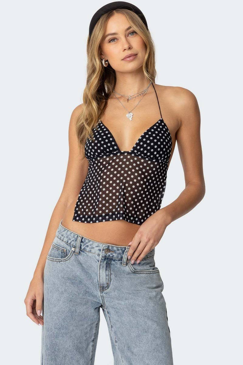 CWTTK1134_SEXY POLKA DOT HALTER BACKLESS SLIM CROP TOP