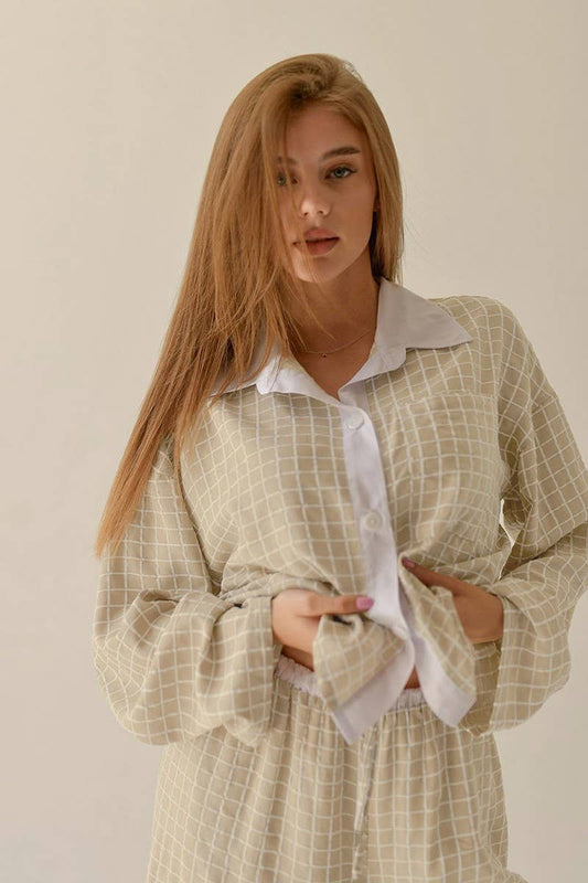 CWSPJ0251_PLAID LONG-SLEEVED SHORTS PAJAMAS TWO-PIECE SET