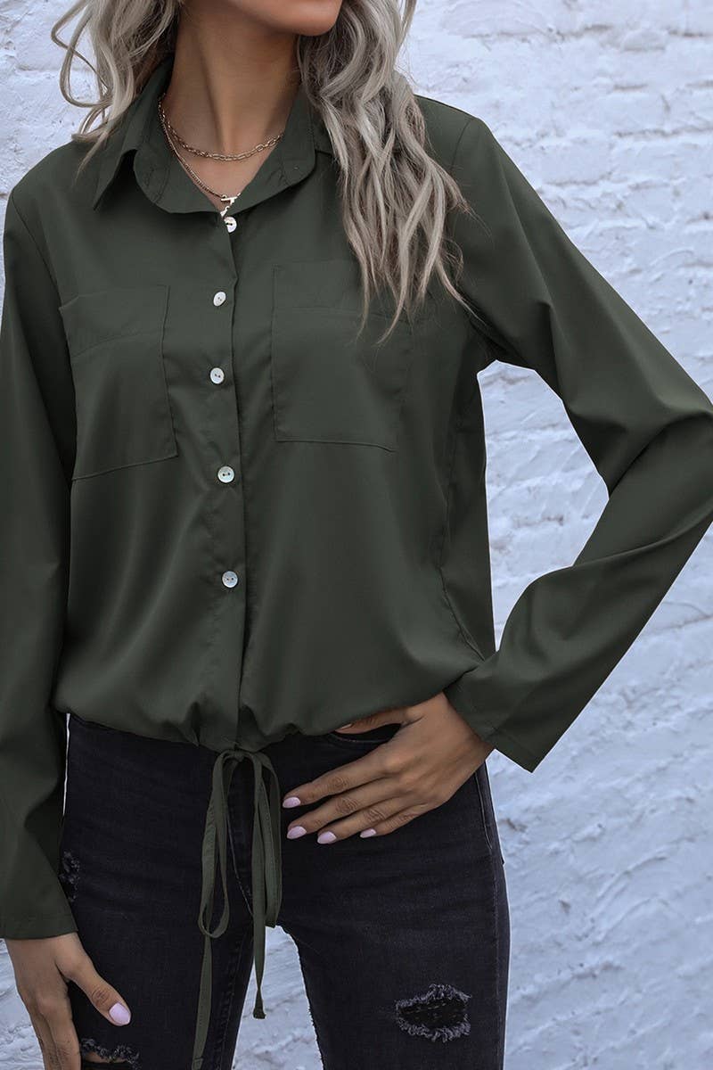 CWTSTL00958_LAPEL DRAWSTRING LONG SLEEVE SOLID SHIRT