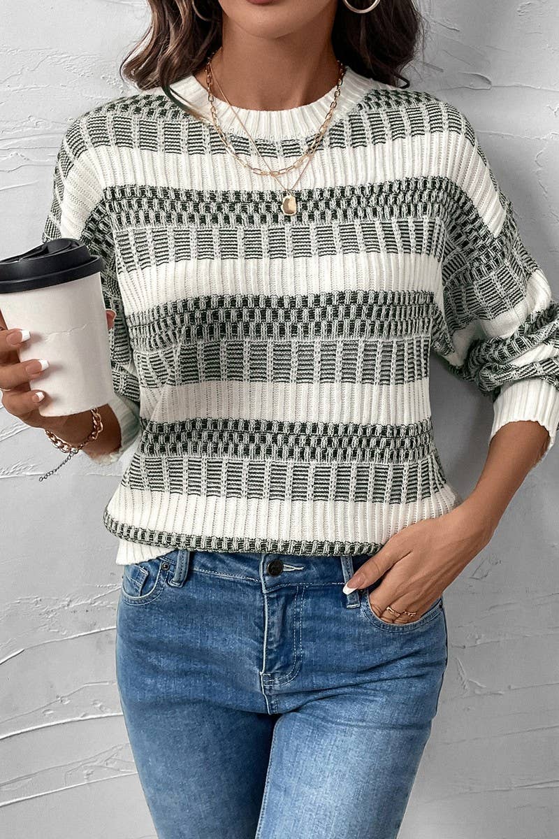 CWOSWL5167_CASUAL STRIPED CONTRAST CREW NECK KNIT SWEATER