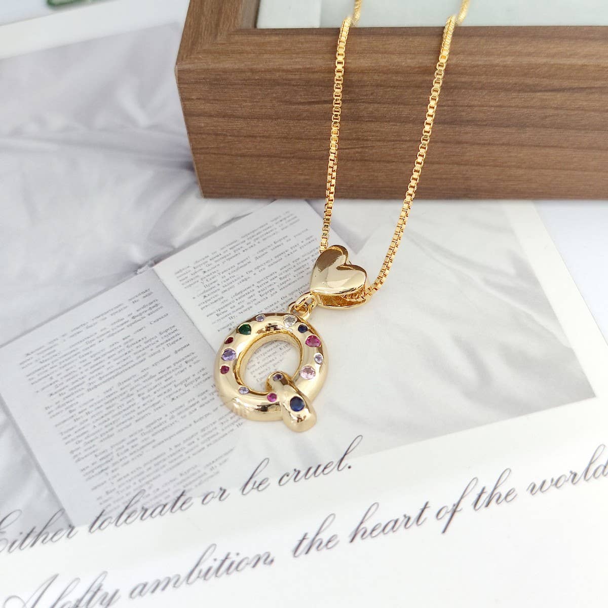 Colorful Zirconia Heart Letter Pendant Necklace