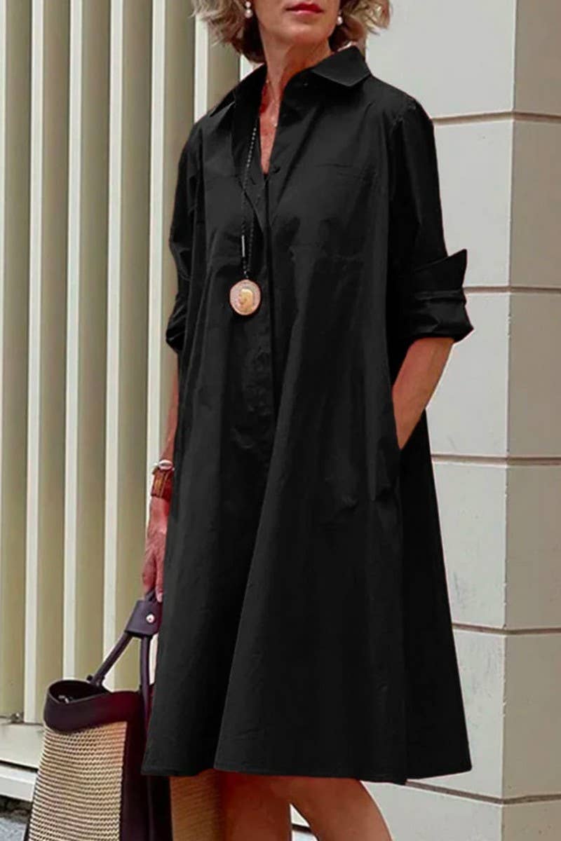 CWTBLL2812_SOLID COLOR LAPEL LONG SLEEVE SHIRT DRESS