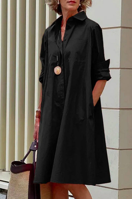 CWTBLL2812_SOLID COLOR LAPEL LONG SLEEVE SHIRT DRESS