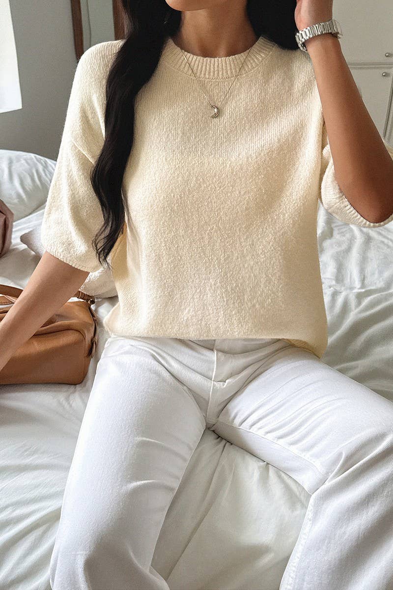 CWOSWS00158_SOLID COLOR SHORT-SLEEVED PULLOVER KNITTED TOP