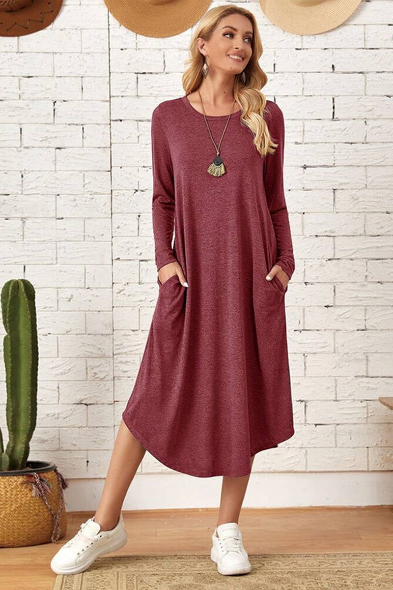 CWDMD3948_SOLID COLOR CASUAL LONG SLEEVE LONG DRESS