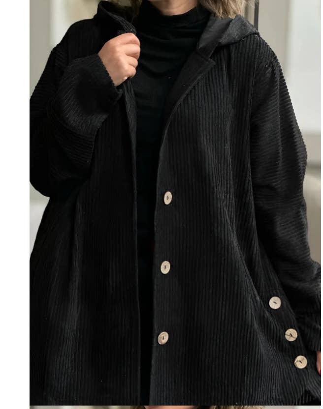 CORDUROY LONG SINGLE BREASTED HOODED LOOSE JACKET