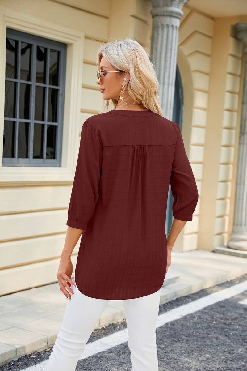 CWTTS0829_3/4 Sleeve V Neck Knit Top