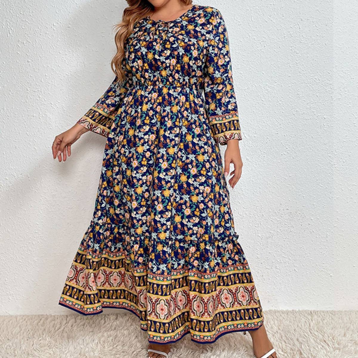 Elegant Cotton Linen Floral Dress for Wom