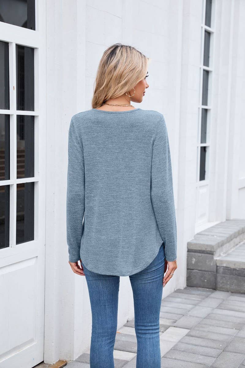 CWTBLL01303_V NECK RUCHED LONG SLEEVE CASUAL LOOSE TEE