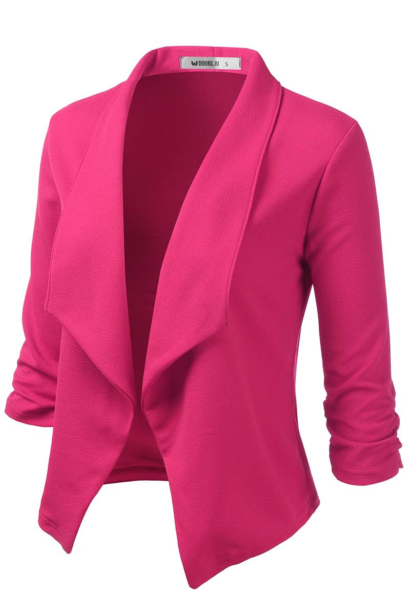CWOBL091_Casual Work Ruched 3/4 Slv Open Front Blazer Jacket