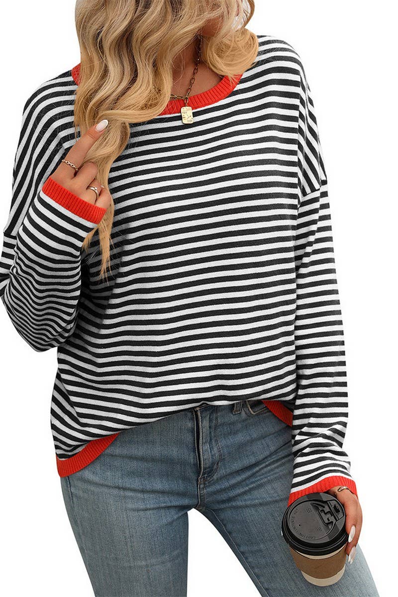 CWOSWL4272_ROUND NECK STRIPED CONTRAST COLOR CASUAL SWEATER