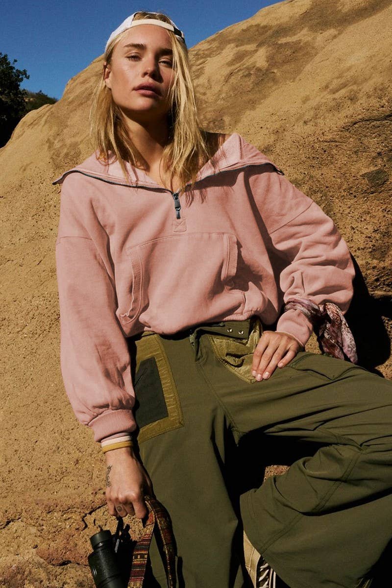 CWTBLL3988_CASUAL ZIPPER DRAWSTRING LONG SLEEVE TOP