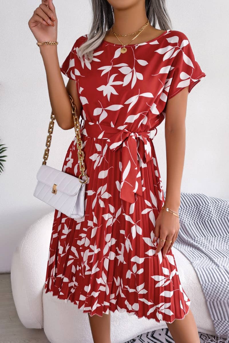 CWDMD2652_LEAF SHORT SLEEVE PLEATED DRESS WITH LARGE SWING