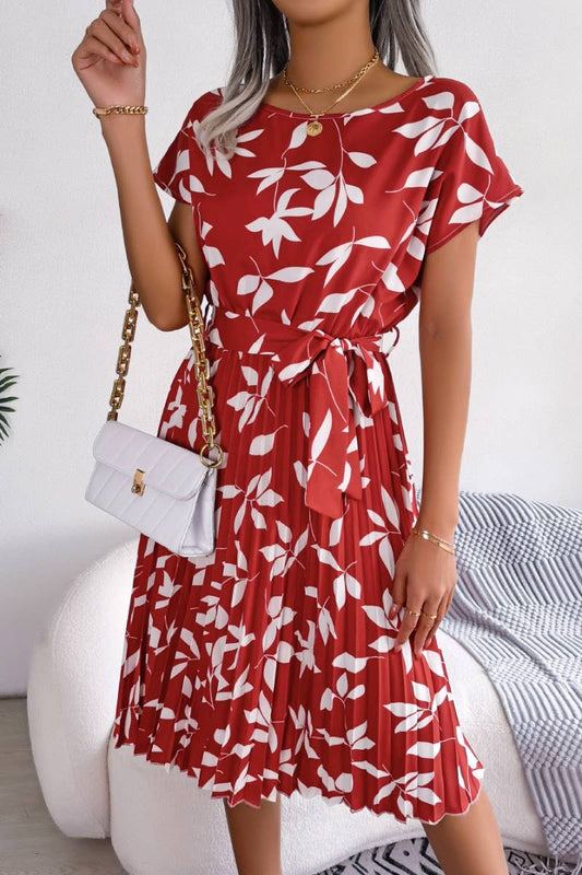 CWDMD2652_LEAF SHORT SLEEVE PLEATED DRESS WITH LARGE SWING