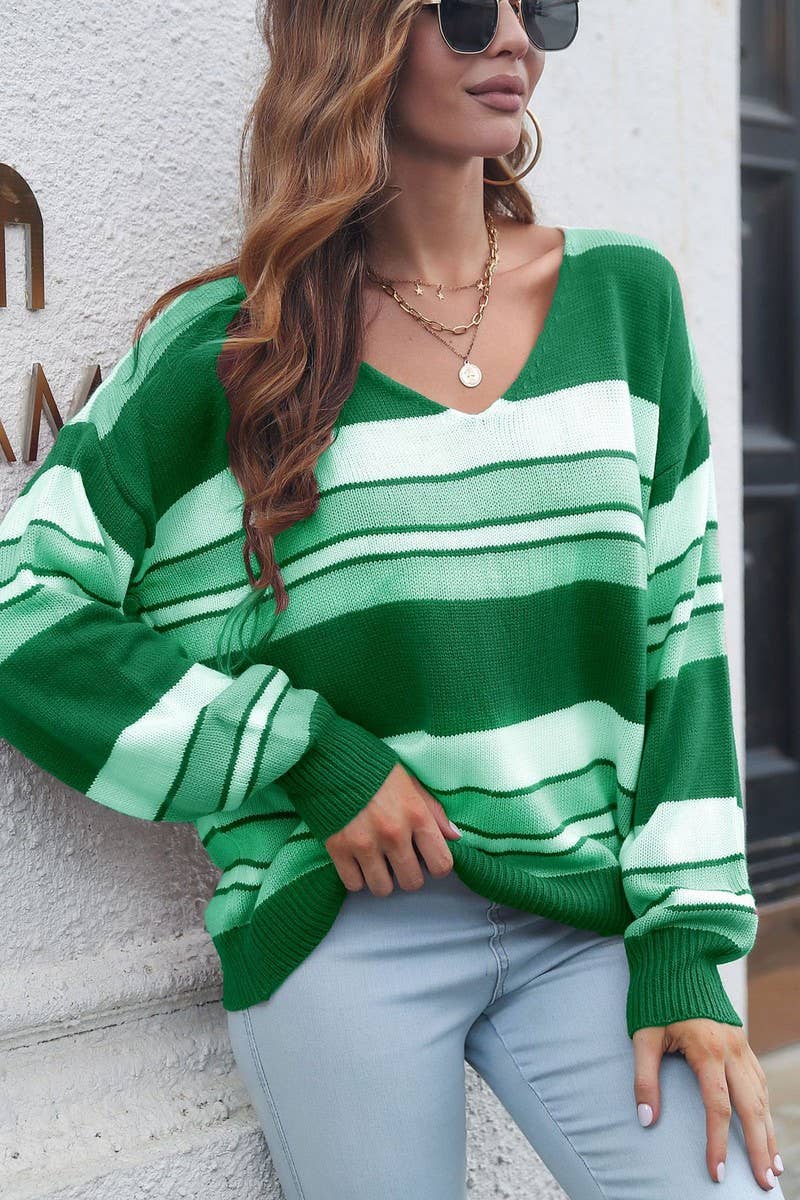 CWOSWL4199_STRIPED GRADIENT V-NECK LONG SLEEVE SWEATER