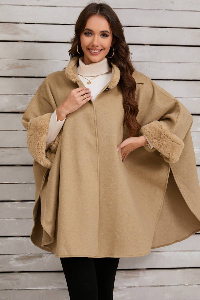 CWOCO0950_SOLID COLOR FUR COLLAR CAPE COAT