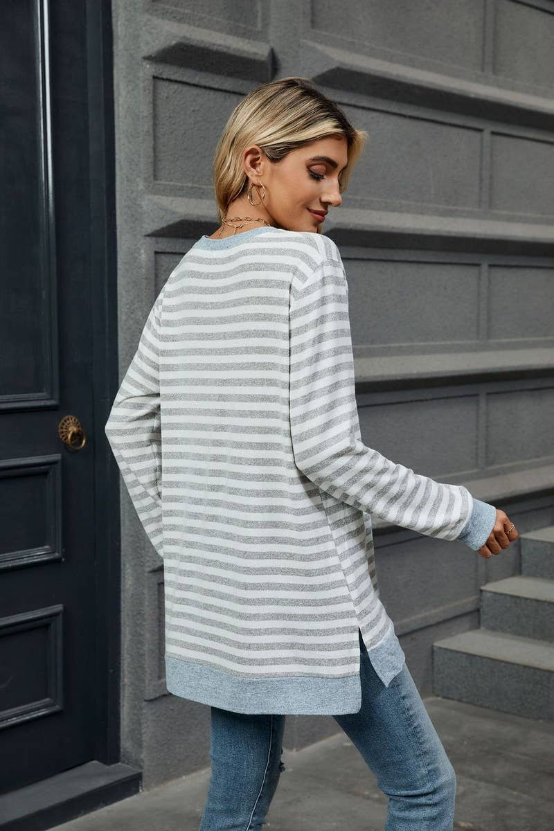 CWTBLL2354_ROUND NECK STRIPED COLORBLOCK LOOSE T-SHIRT TOP