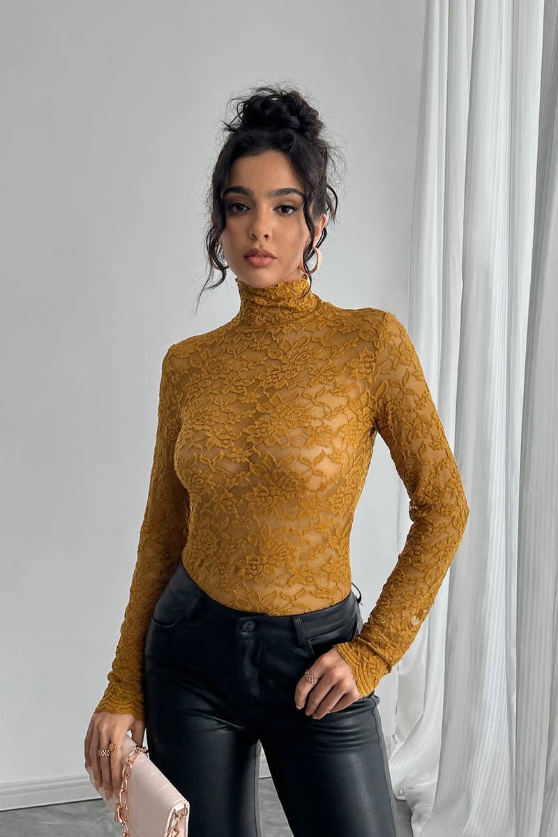 CWTBLL3507_HIGH COLLAR LACE LONG SLEEVE BOTTOMING TOP