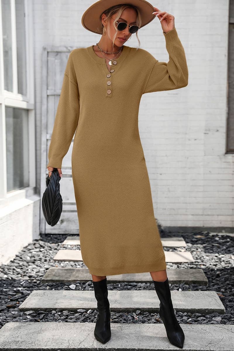CWDMD538  Long Sleeve Loose V-Neck Button Tops Long Sweater