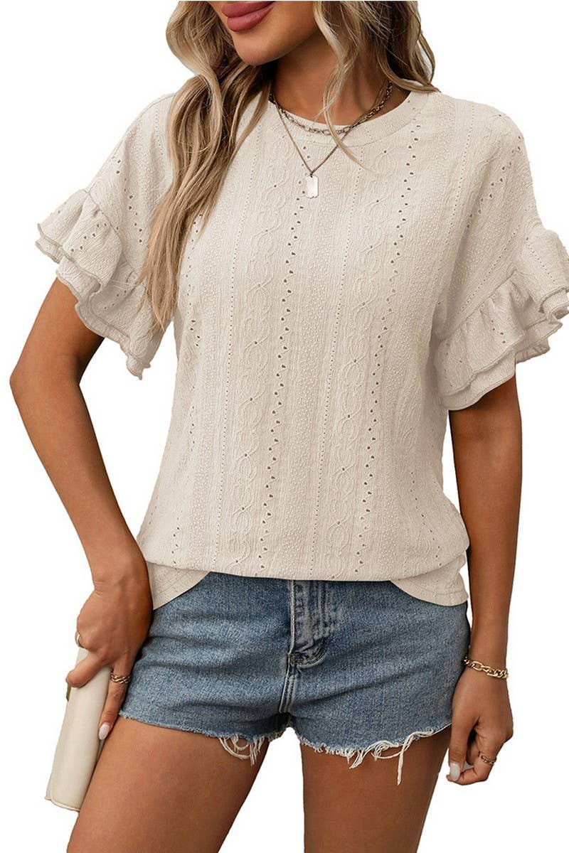CWTBLS1719_ROUND NECK RUFFLE SLEEVE SHORT SLEEVE T-SHIRT TOP