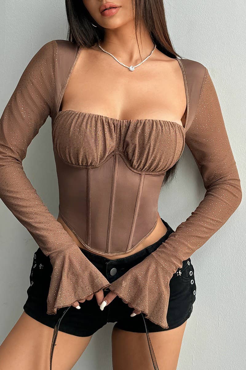 CWTBLL3648_BELL SLEEVE SEQUINED UNDERWIRED HERRINGBONE TOP