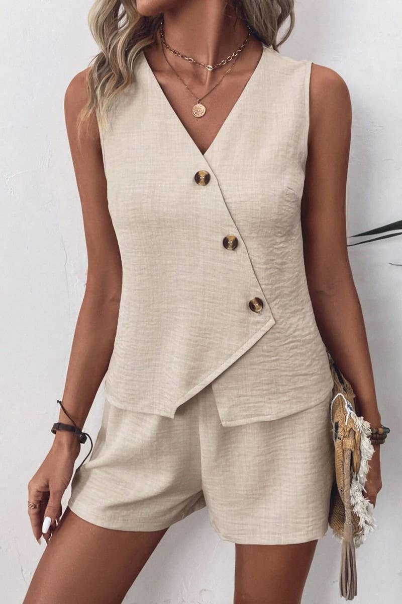 CWSS1088_SOLID COLOR V-NECK IRREGULAR VEST SHORTS SET