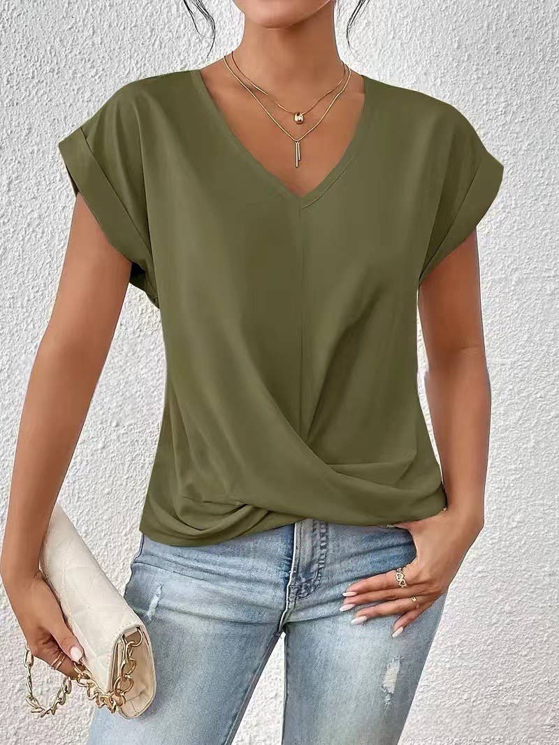 Elegant short-sleeved solid-color V-neck T-shirt