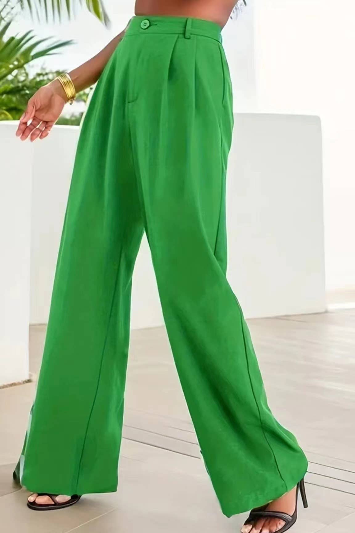 Elegant solid color belt straight pants