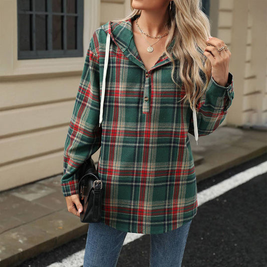 Checked hooded loose long-sleeved sweatshirt