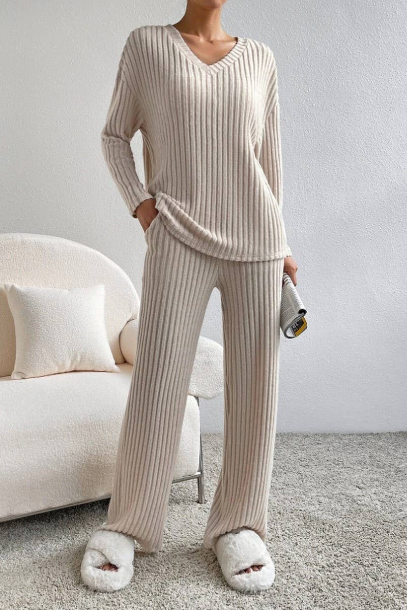 CWSTB00462_RIBBED KNIT V NECK TOP AND STRAIGHT PANTS SET