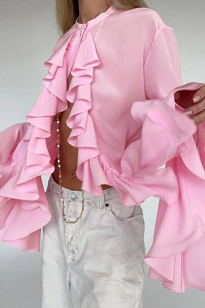 CWTBLL3342_SOLID COLOR RUFFLED LONG SLEEVE SHIRT TOP