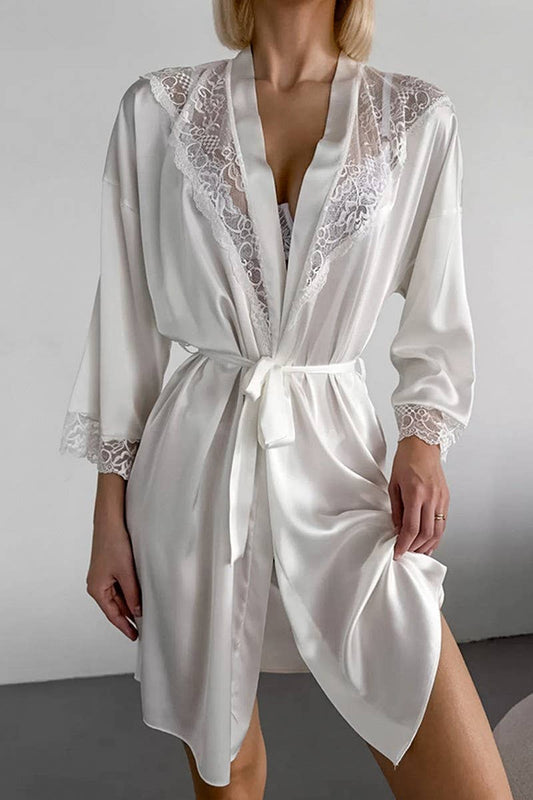 CWSPJ0401_SATIN LACE CARDIGAN TIE LONG SLEEVE NIGHTGOWN