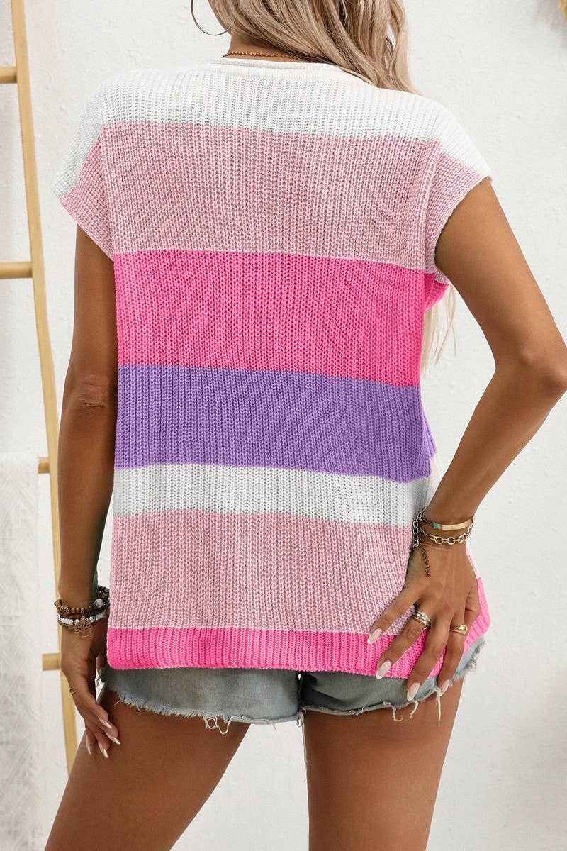 CWOSWS0141_COLORBLOCK U-NECK DOPAMINE KNIT TOP