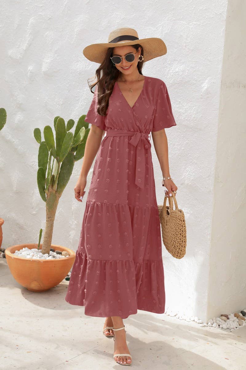 CWDMD2150_V NECK HIGH WAISTED SHORT SLEEVED LONG DRESS