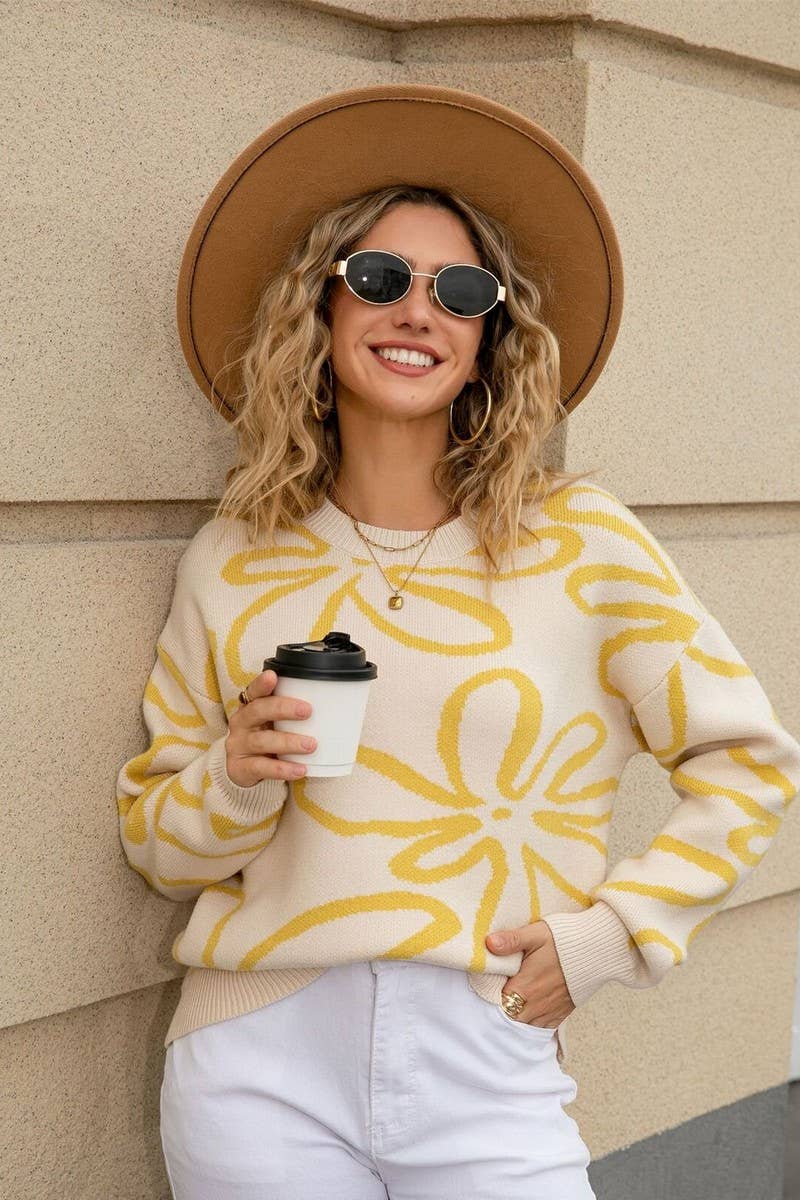 CWOSWL07602_FLORAL COLORBLOCK CREWNECK LOOSE KNIT SWEATER