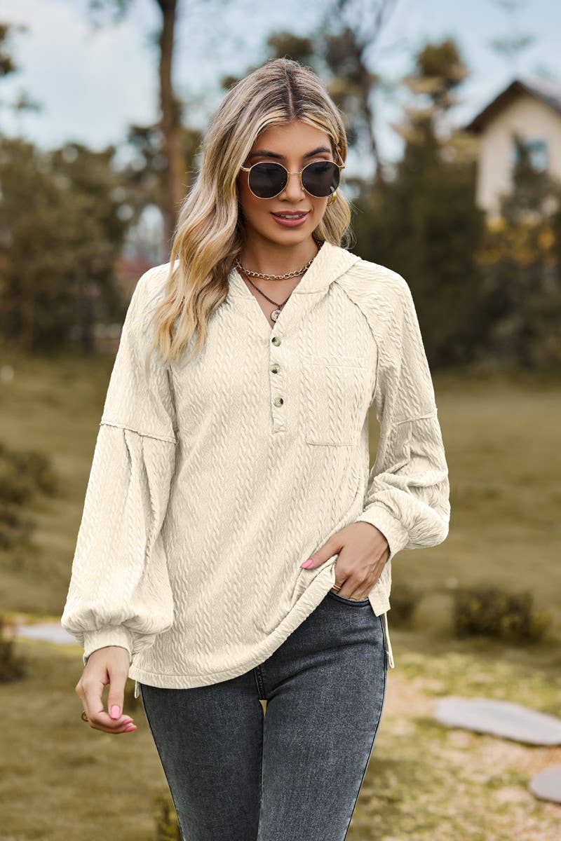 CWOHOL0738_BALLOON SLEEVE HOODED BUTTON LOOSE SWEATSHIRT