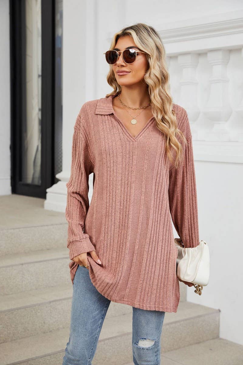 CWTBLL3668_FLIP COLLAR SLIT LONG SLEEVED LOOSE T-SHIRT TOP