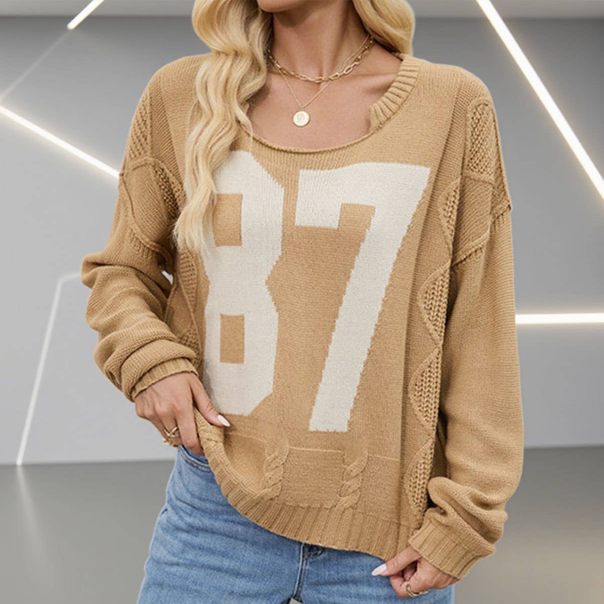 Digital color-blocking knit long-sleeved sweater