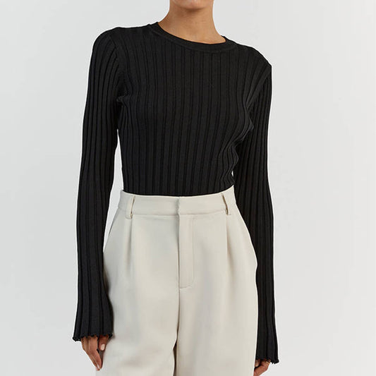 CREW NECK KNIT SWEATER LONG SLEEVE PIT STRIPE