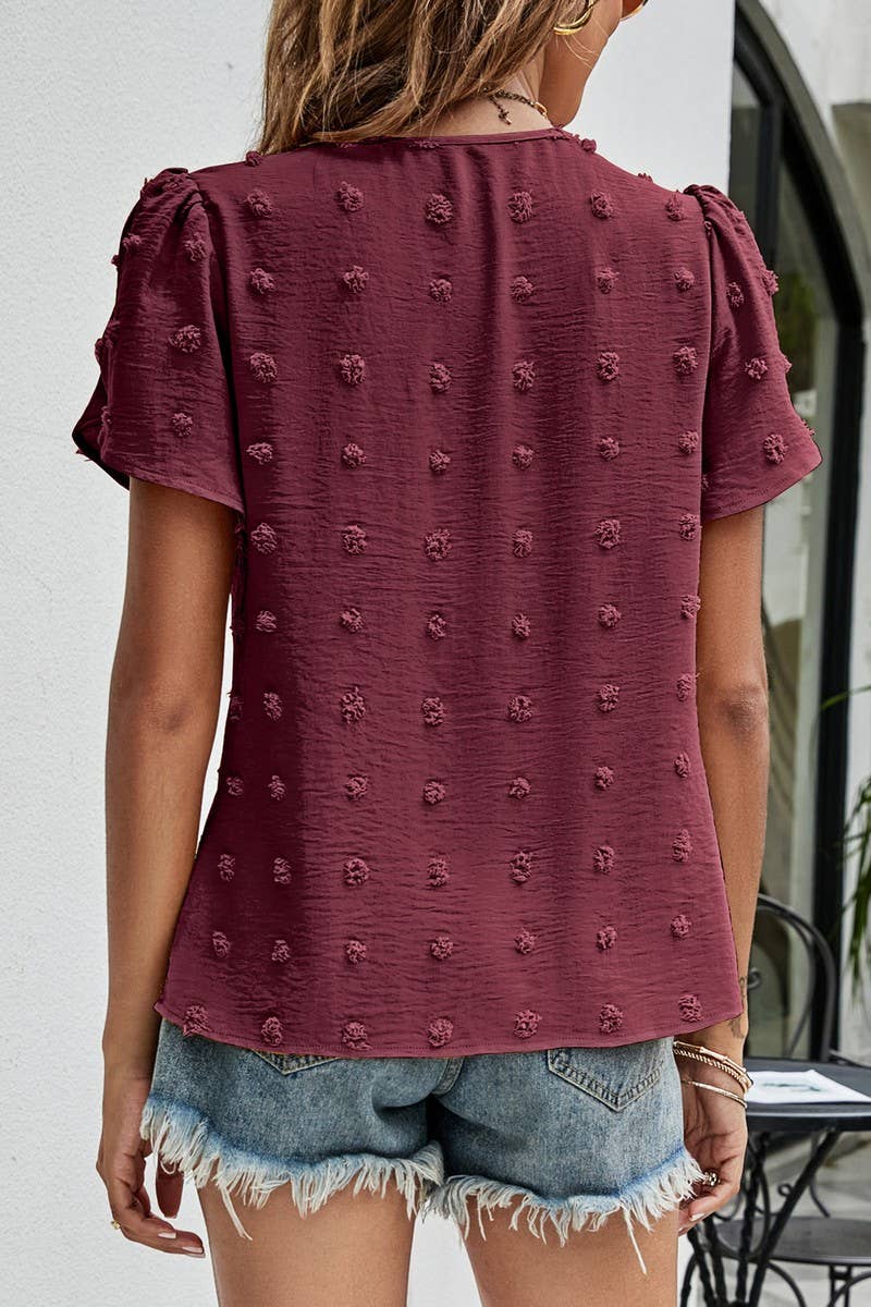 CWTBLS0342_Round neck Short Puff Sleeve Blouse